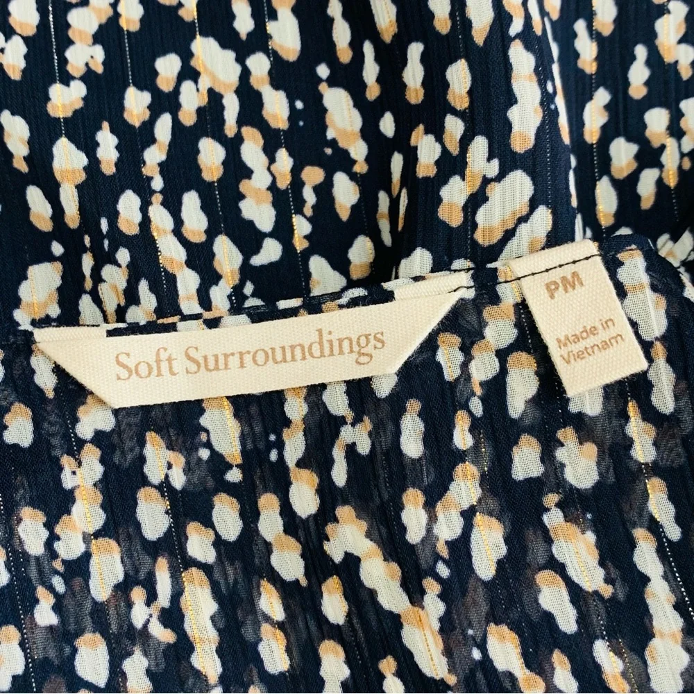 Soft Surroundings Hazel Dress Dotted Print V-neck Front Tassel Sz. Medium Petite